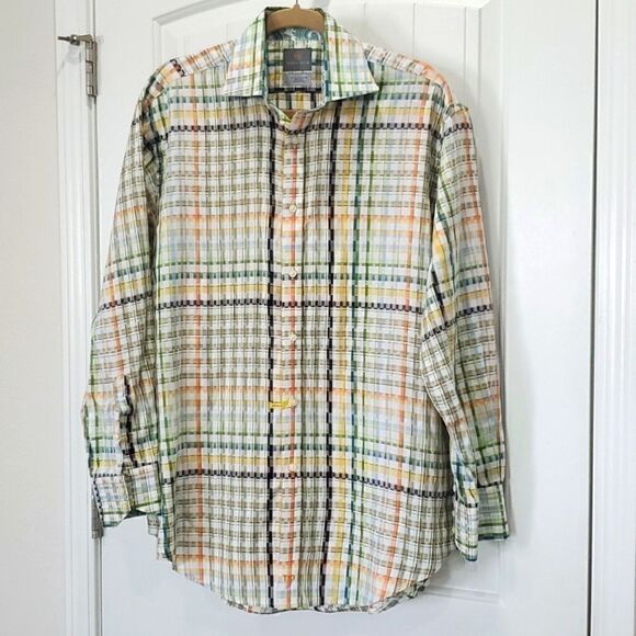 Thomas Dean Size L Button Down Cotton Checked Shirt, with Paisley Trim - Picture 1 of 6
